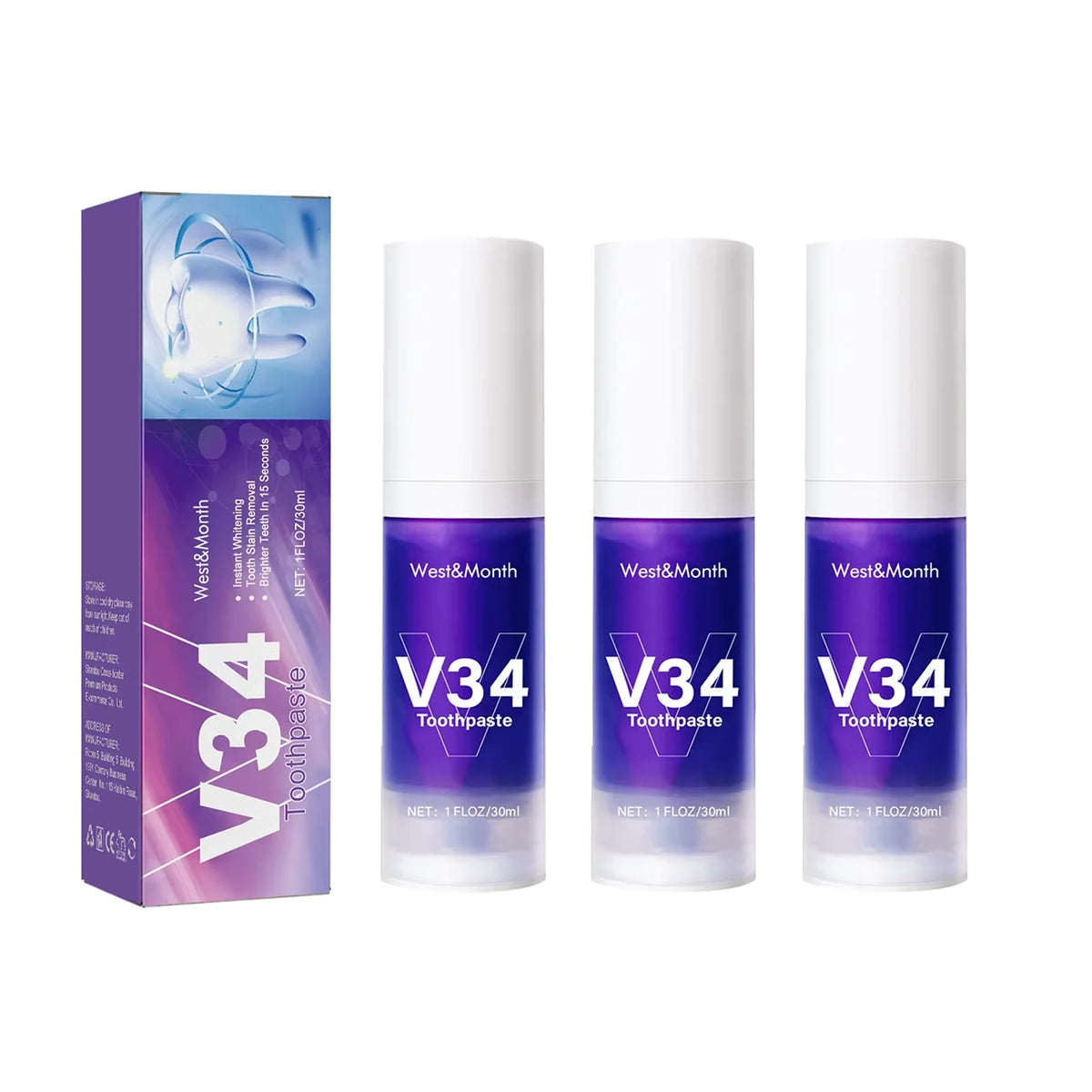V34 Purple Toothpaste Whitening Mousse – Stain Removal, Fresh Breath & Gum Protection