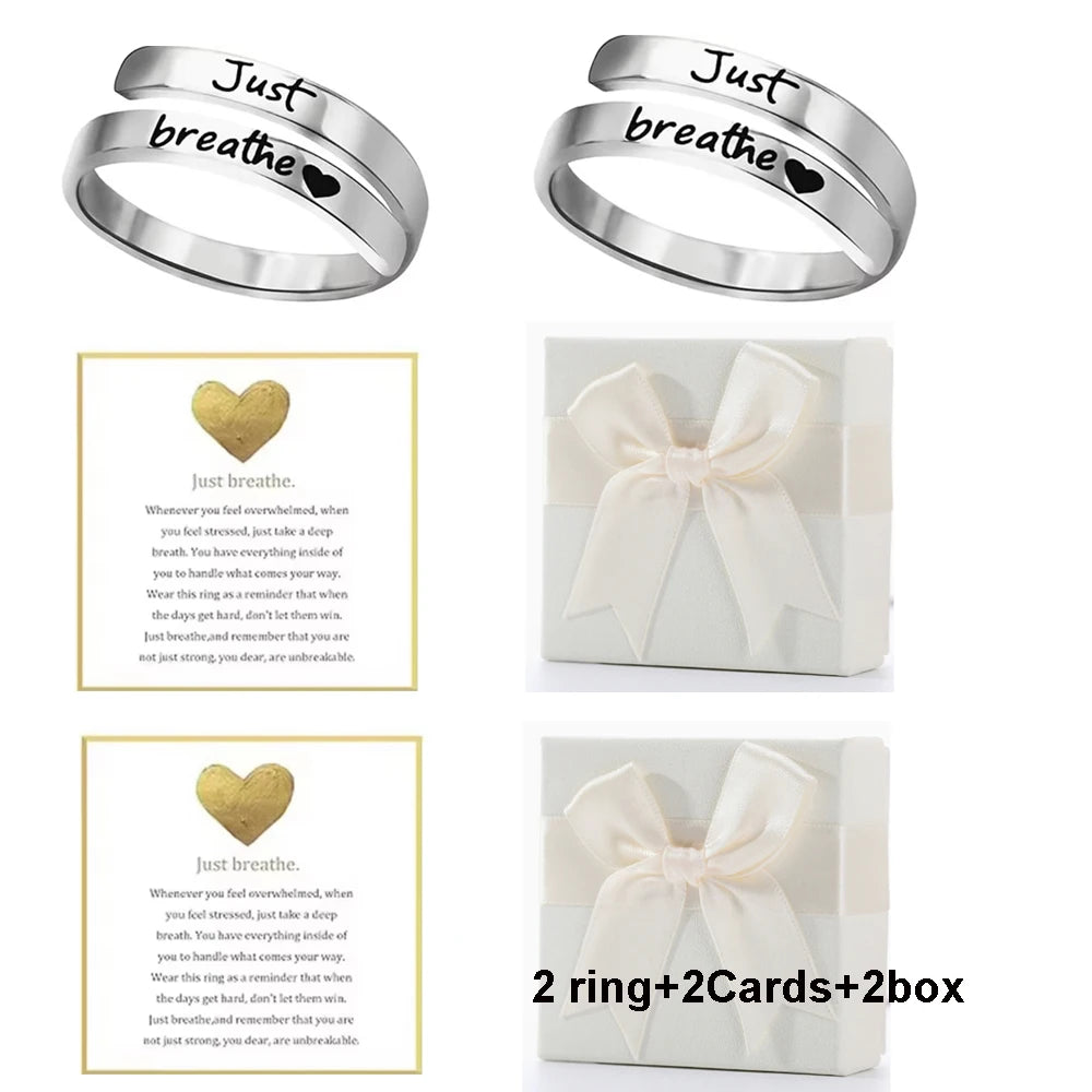 Stainless Steel Ring Just Breathe Ring for Women Men, Spiral Wrap Healing Rings, Inspirational Gifts with Message Card Box