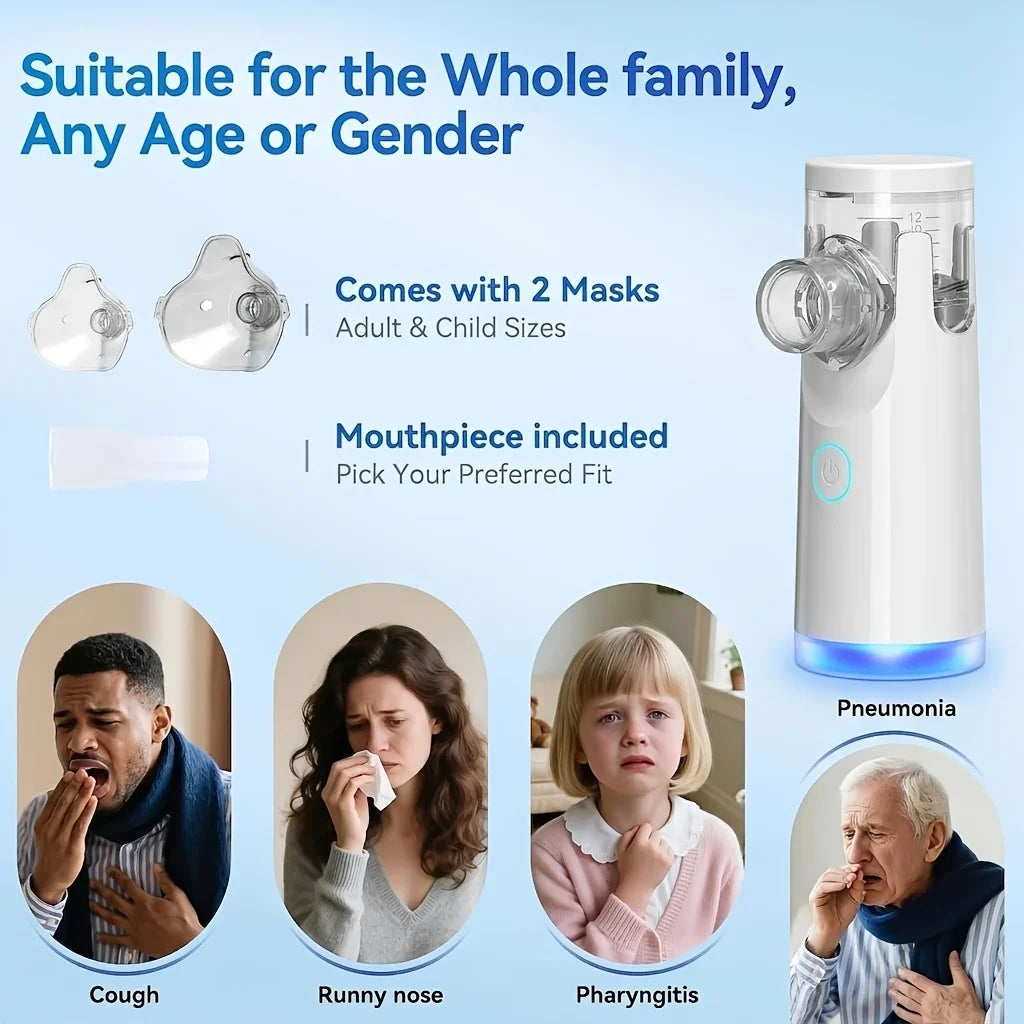 Portable Mesh Nebulizer Machine – Quiet Handheld Inhaler for Kids & Adults with Adult & Child Masks