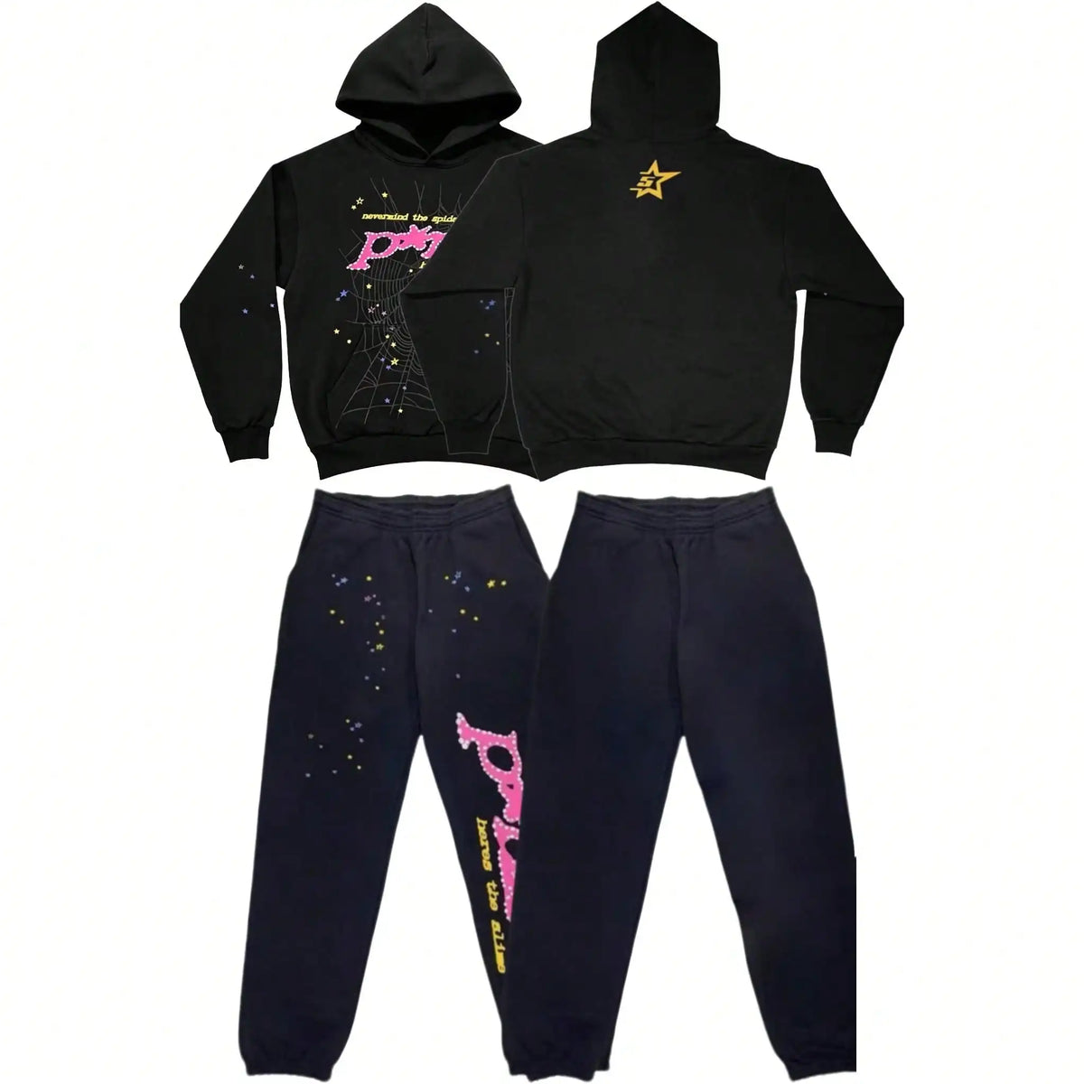 Spider Web Star Print Hoodie & Sweatpants Set — 2-Piece Y2K Streetwear Suit for Men