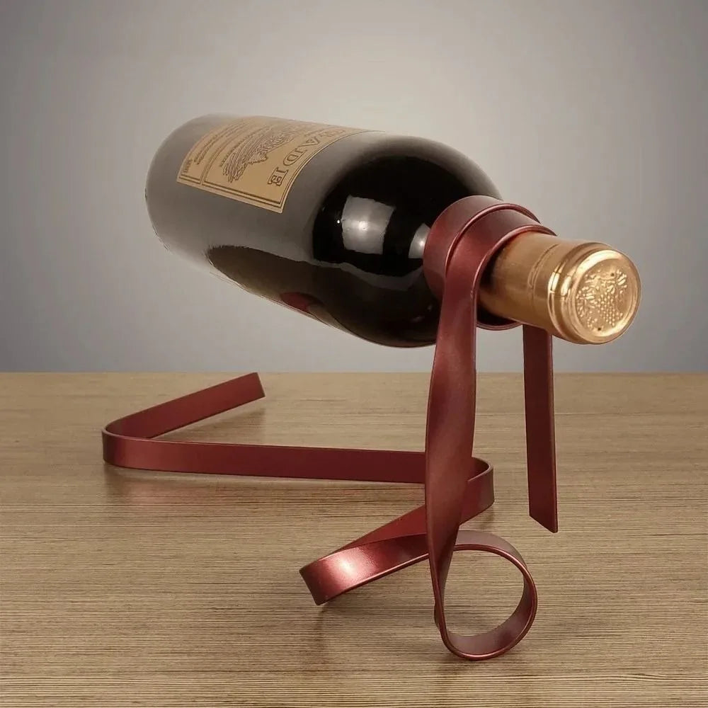 Floating Ribbon Wine Bottle Holder – Iron Suspended Rack for Table or Cabinet Display