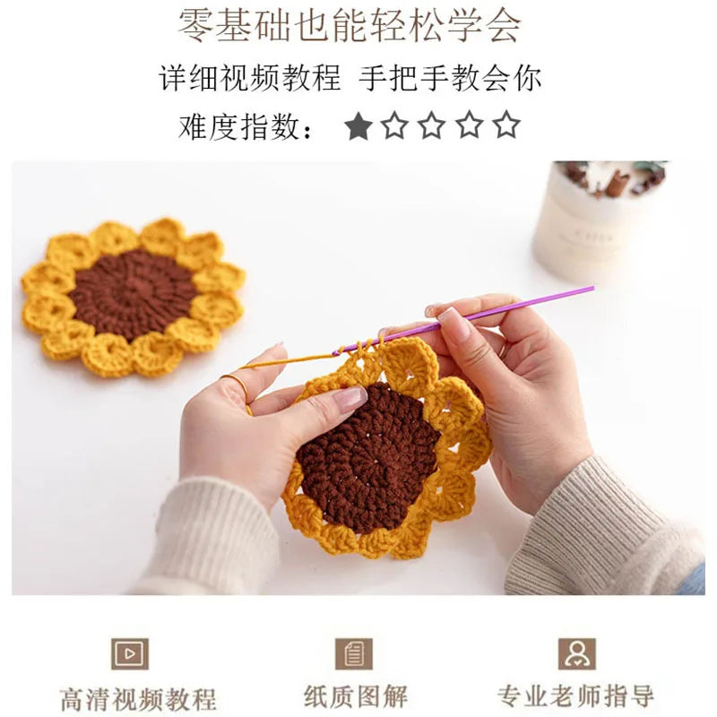 DIY Handmade Coaster Crochet Kit For Beginners Flower Sewing Material Package Hand Knitting For Kids Adults Crochet Lovers