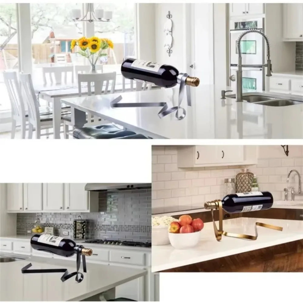 Floating Ribbon Wine Bottle Holder – Iron Suspended Rack for Table or Cabinet Display