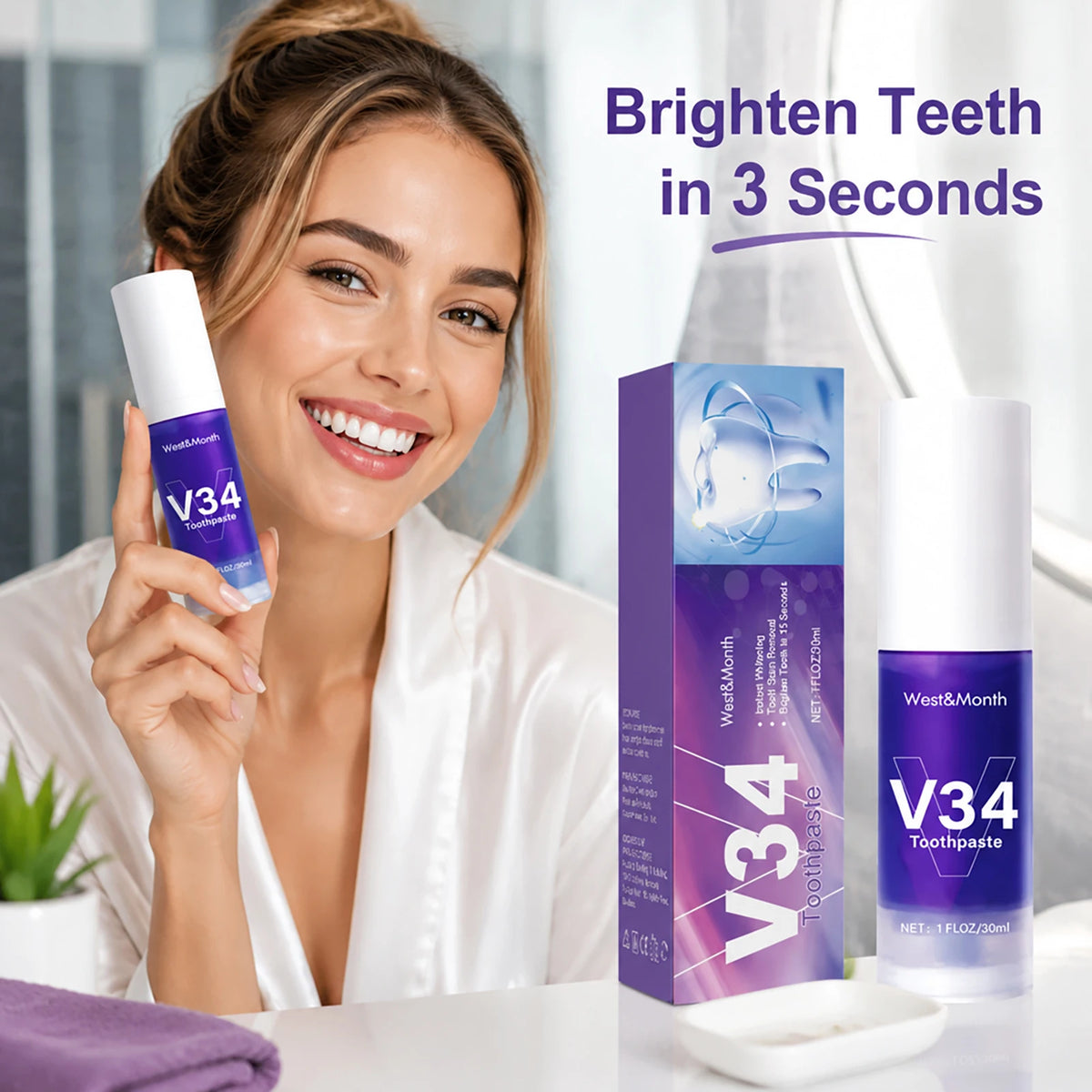 V34 Purple Toothpaste Whitening Mousse – Stain Removal, Fresh Breath & Gum Protection