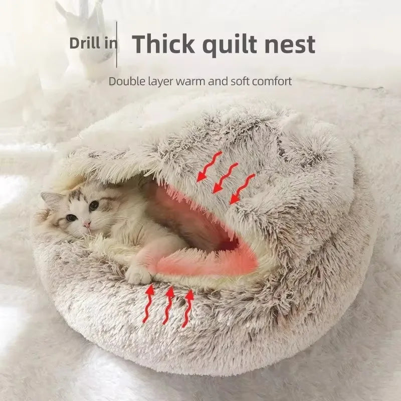 Fleece-Lined Plush Semi-Enclosed Cat Bed – Cozy Winter Pet Nest