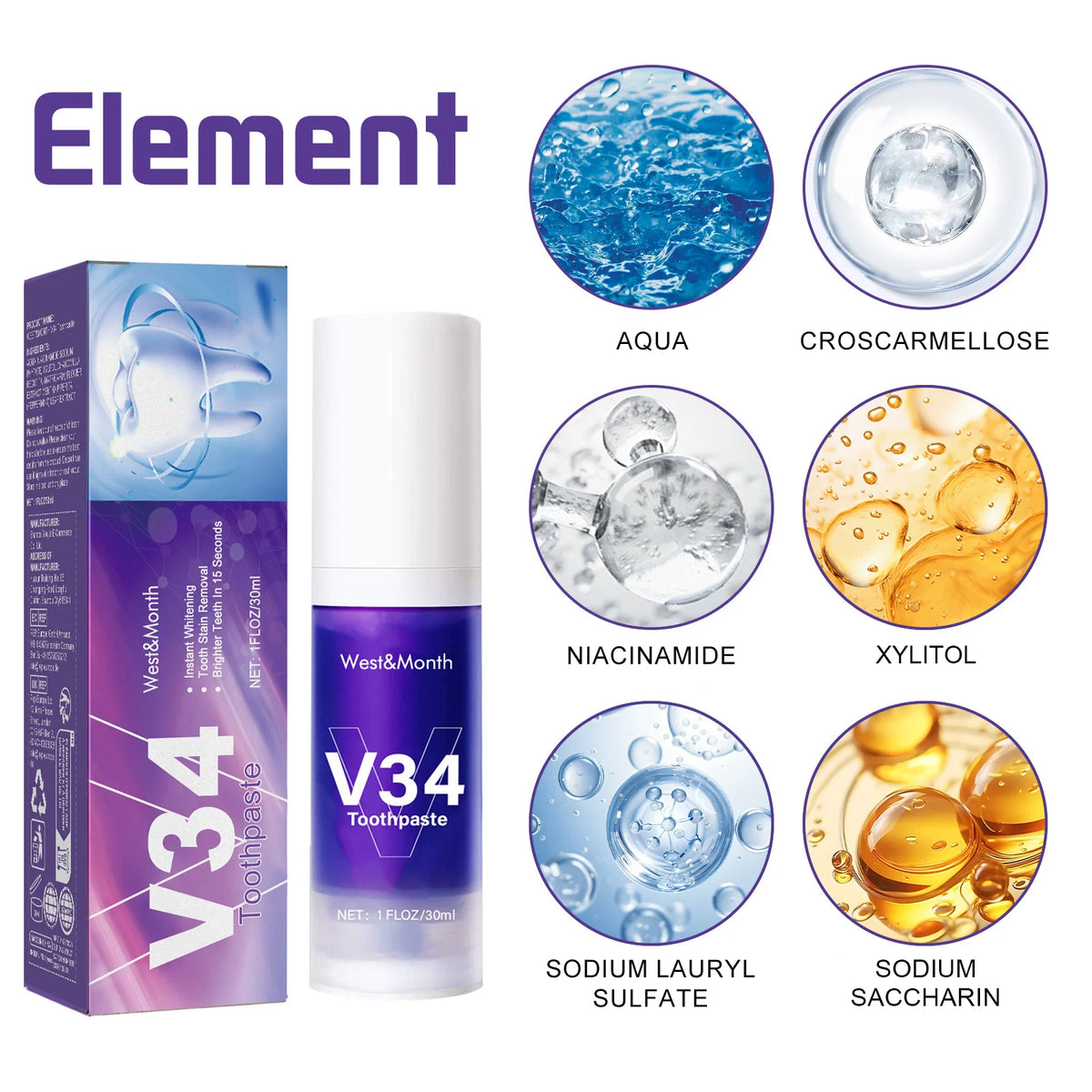 V34 Purple Toothpaste Whitening Mousse – Stain Removal, Fresh Breath & Gum Protection