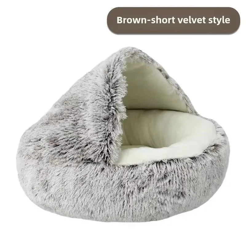 Fleece-Lined Plush Semi-Enclosed Cat Bed – Cozy Winter Pet Nest