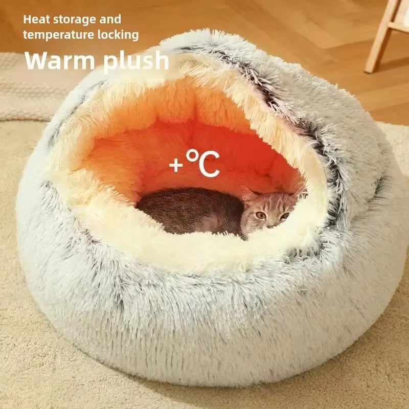 Fleece-Lined Plush Semi-Enclosed Cat Bed – Cozy Winter Pet Nest