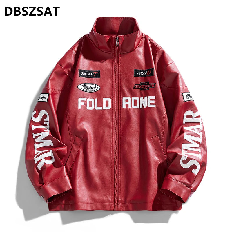 Y2K Racing Biker Jacket — Faux Leather Moto Jacket with Patchwork Embroidery | Harajuku Streetwear