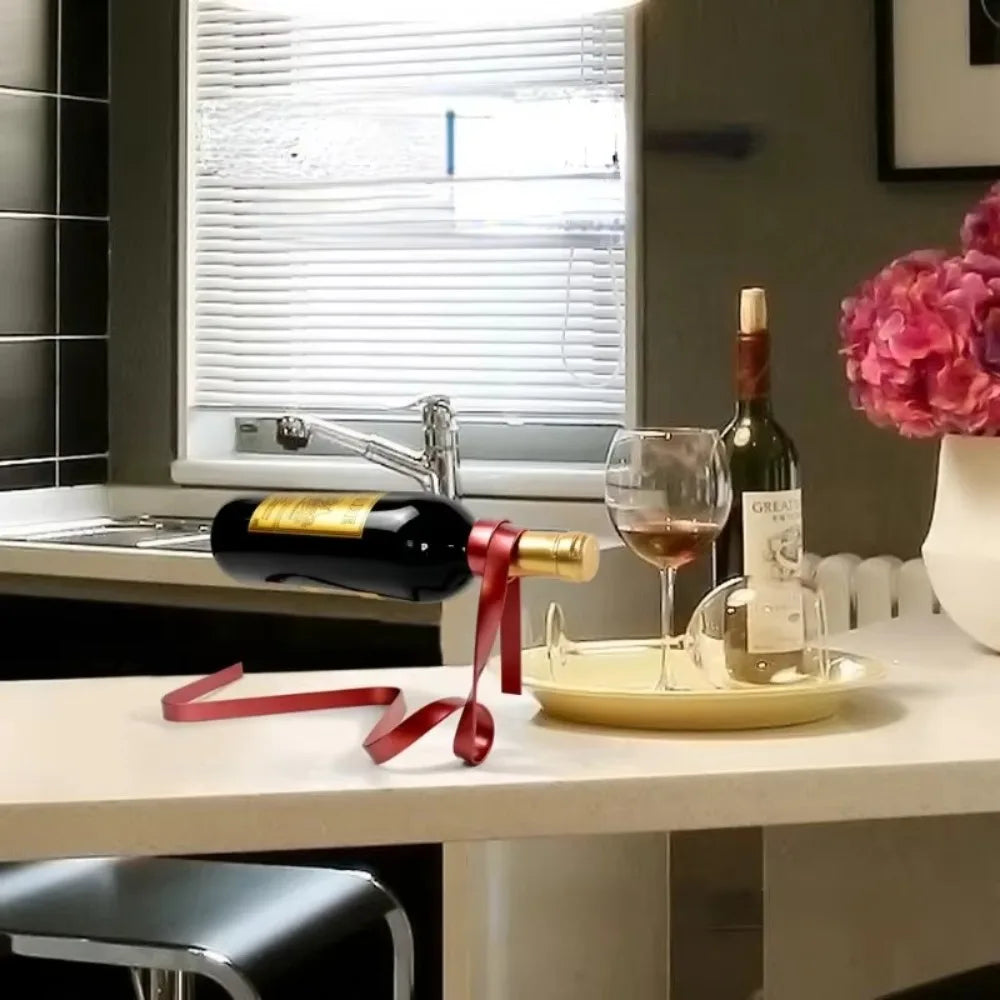 Floating Ribbon Wine Bottle Holder – Iron Suspended Rack for Table or Cabinet Display