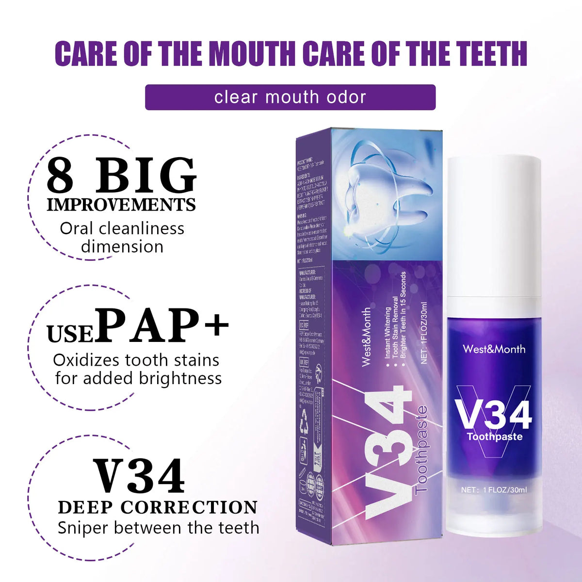 V34 Purple Toothpaste Whitening Mousse – Stain Removal, Fresh Breath & Gum Protection