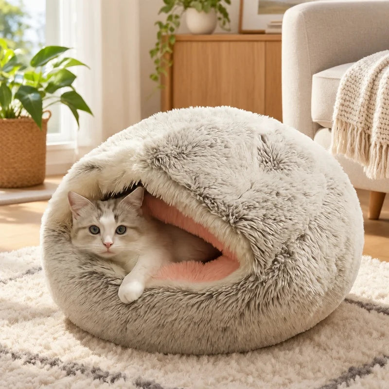 Fleece-Lined Plush Semi-Enclosed Cat Bed – Cozy Winter Pet Nest