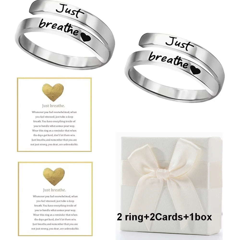 Stainless Steel Ring Just Breathe Ring for Women Men, Spiral Wrap Healing Rings, Inspirational Gifts with Message Card Box