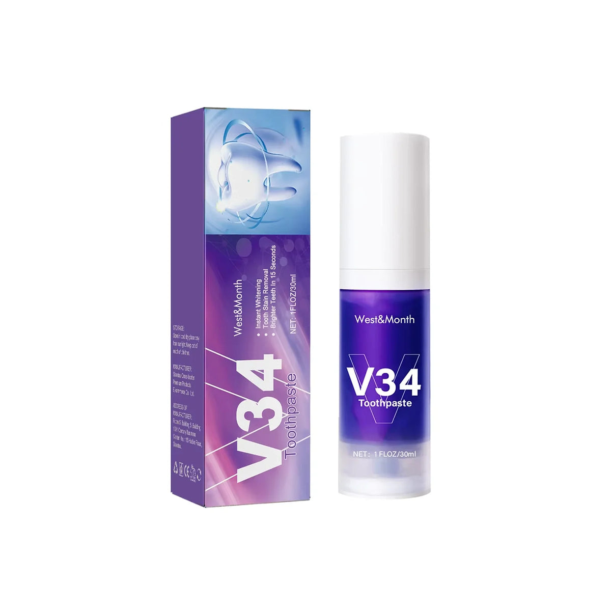 V34 Purple Toothpaste Whitening Mousse – Stain Removal, Fresh Breath & Gum Protection