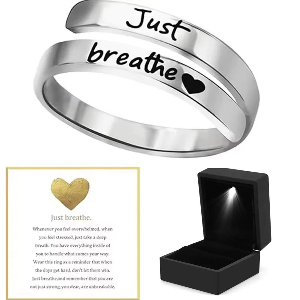Stainless Steel Ring Just Breathe Ring for Women Men, Spiral Wrap Healing Rings, Inspirational Gifts with Message Card Box