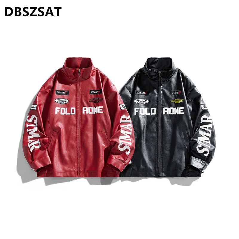 Y2K Racing Biker Jacket — Faux Leather Moto Jacket with Patchwork Embroidery | Harajuku Streetwear
