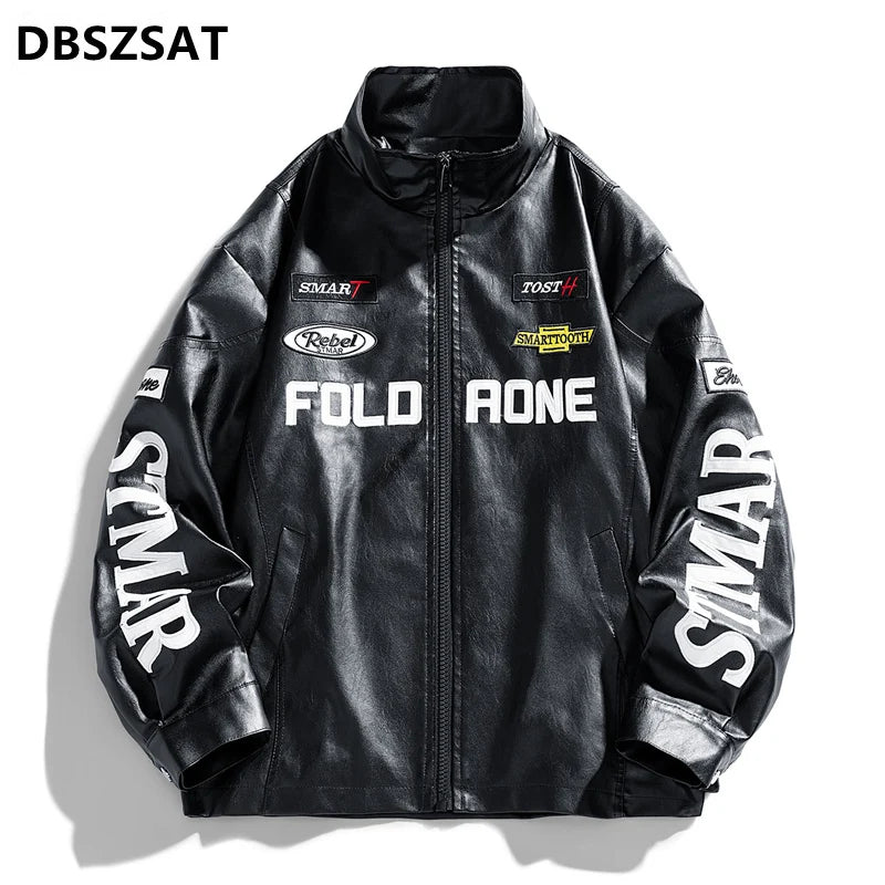 Y2K Racing Biker Jacket — Faux Leather Moto Jacket with Patchwork Embroidery | Harajuku Streetwear