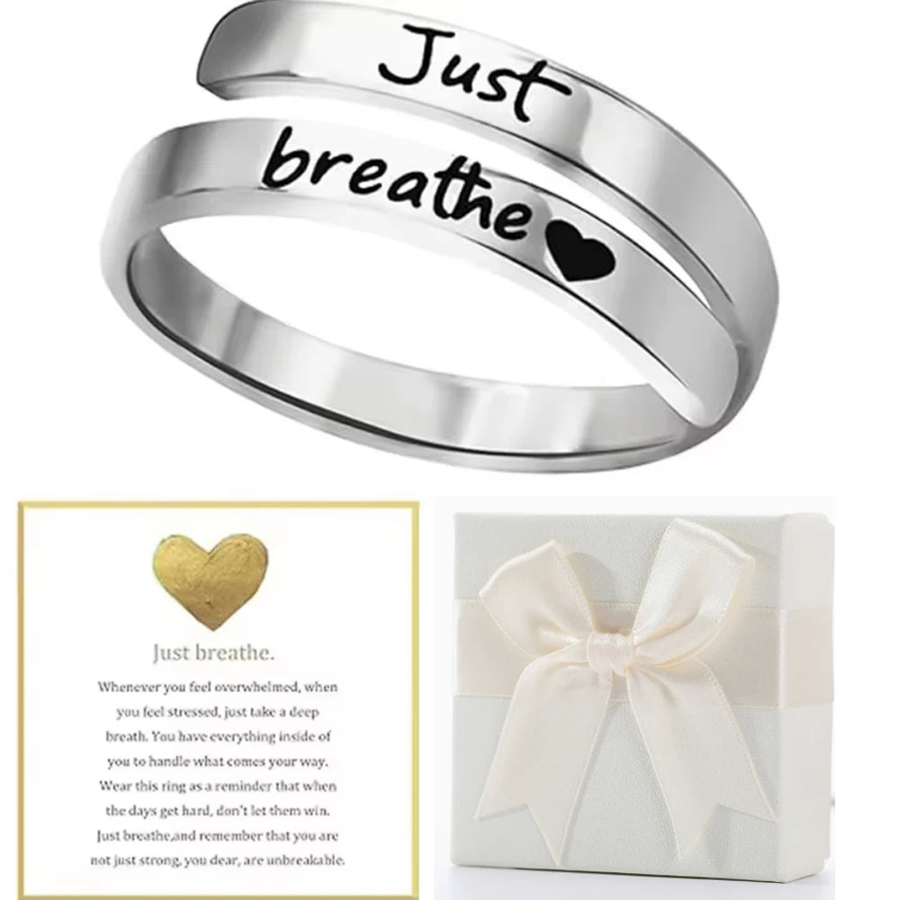 Stainless Steel Ring Just Breathe Ring for Women Men, Spiral Wrap Healing Rings, Inspirational Gifts with Message Card Box