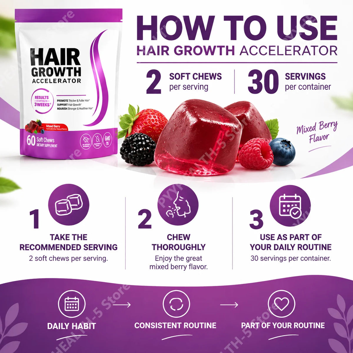 Biotin Hair Growth Soft Chews – 10,000mcg with Vitamins C & E for Fuller, Thicker Hair