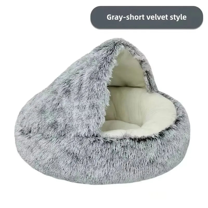 Fleece-Lined Plush Semi-Enclosed Cat Bed – Cozy Winter Pet Nest