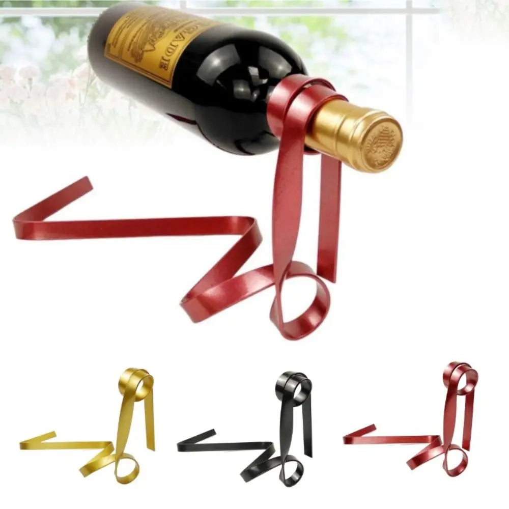 Floating Ribbon Wine Bottle Holder – Iron Suspended Rack for Table or Cabinet Display