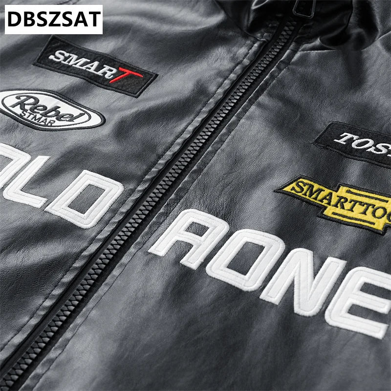 Y2K Racing Biker Jacket — Faux Leather Moto Jacket with Patchwork Embroidery | Harajuku Streetwear